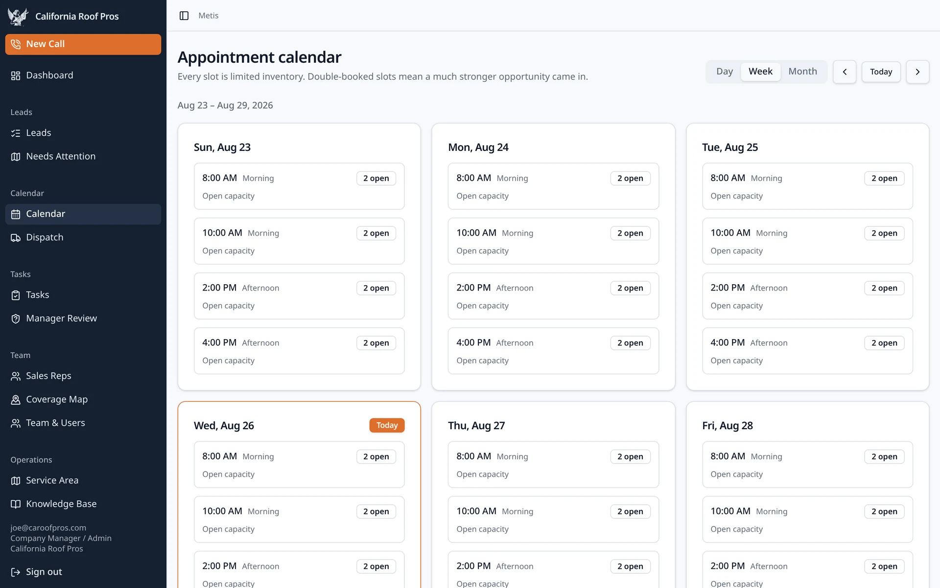 Metis appointment calendar week view
