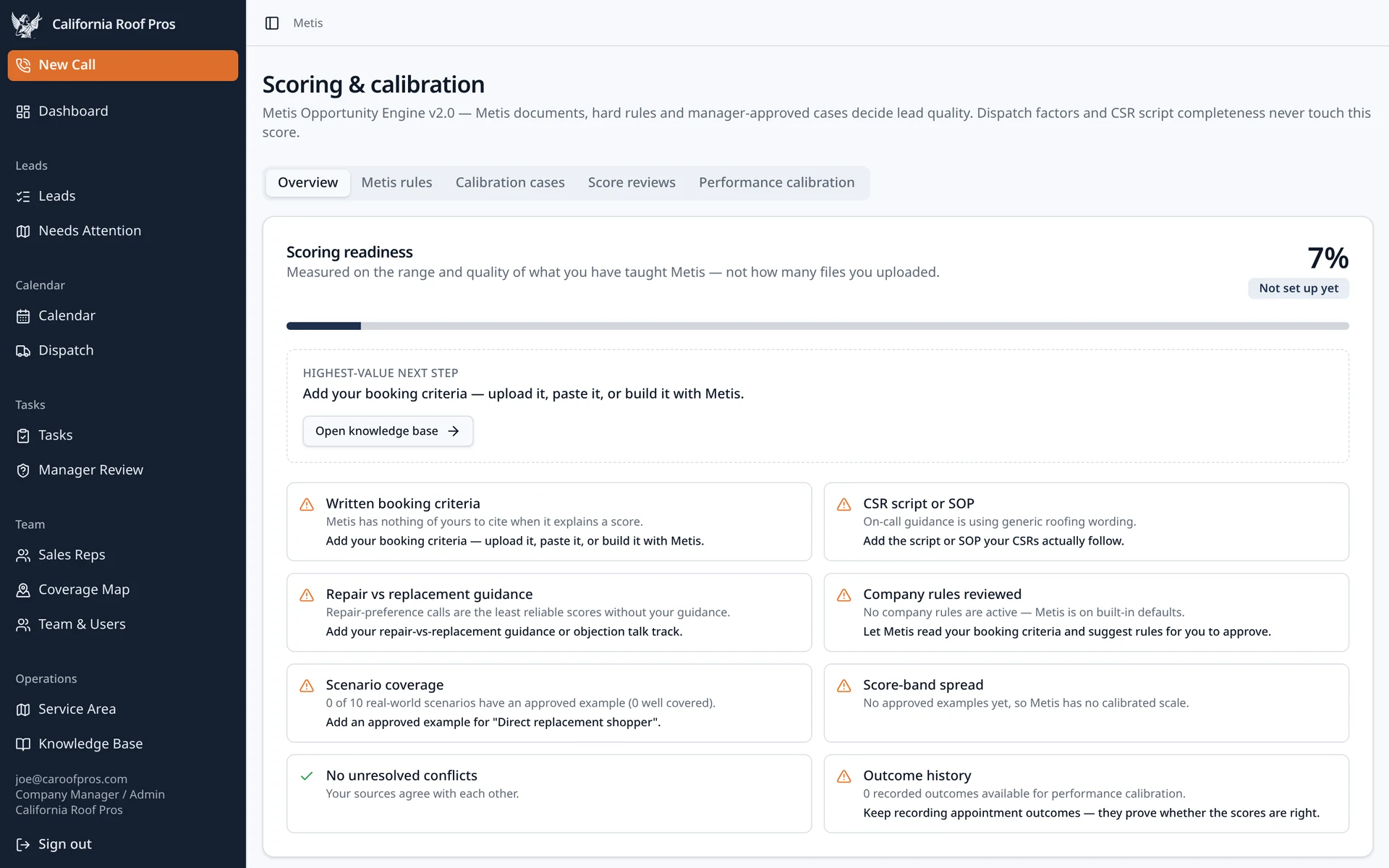 Metis scoring and calibration admin screen showing readiness, rules and calibration cases